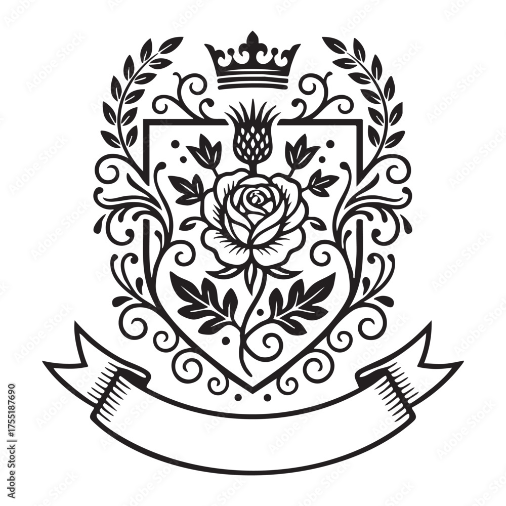 Fototapeta premium Ornate Heraldic Crest with Rose, Thistle, Crown, and Flourish Frame Engraving Vector
