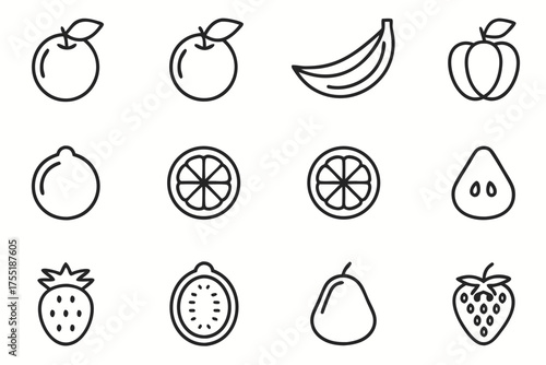 Assortment of Fresh Fruit Icons in Outline Style apple