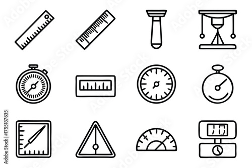 Assortment of Measurement and Timekeeping Instrument Icons Keywords: ruler, measuring tape, stopwatch