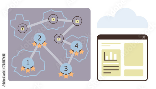 Network of nodes with star ratings and lock icons connected by paths beside cloud and dashboard. Ideal for cybersecurity, gamification, data analysis, cloud technology, progress tracking, digital
