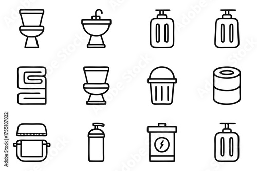 Bathroom and Hygiene Icons Set with Toiletries and Fixtures vector illustration