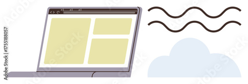Open laptop illustrating a webpage layout next to wavy lines and a cloud. Ideal for technology, online connectivity, cloud computing, digital design, internet access, web development, simple flat