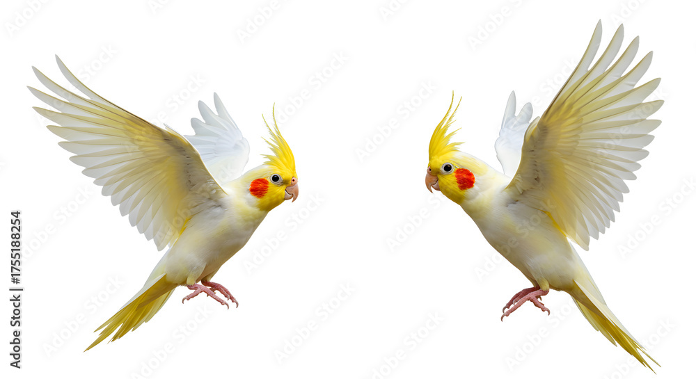 Obraz premium Two cockatiels flying facing each other with wings spread, yellow crested birds in motion isolated on black background, perfect for wildlife and pet projects