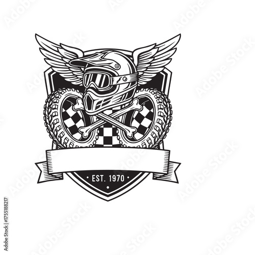 Extreme Motocross Helmet Logo on Shield with Wings, Wheels, Bones, and Banner Vector