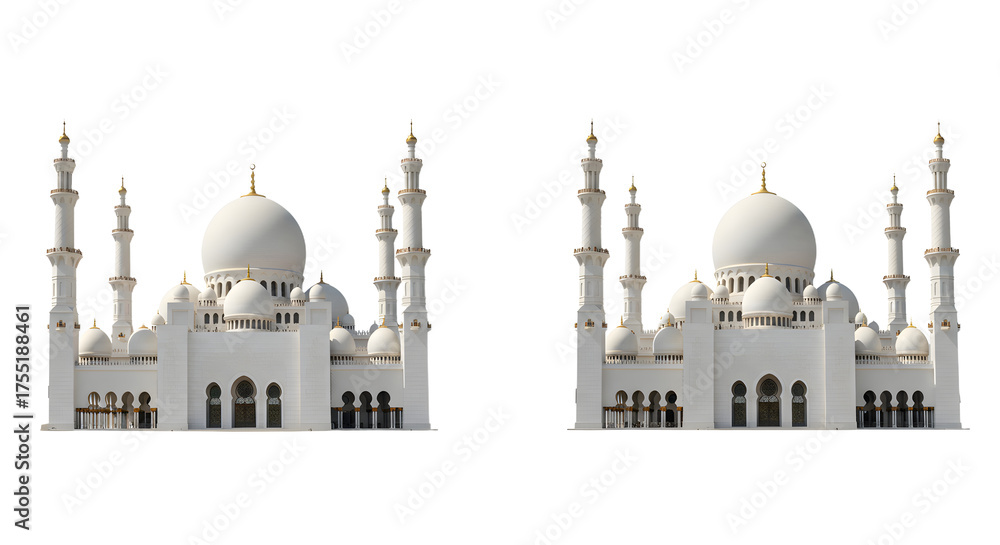 Obraz premium White mosque domes with minarets isolated on white background, Islamic architecture, religious building, perfect for travel and cultural content