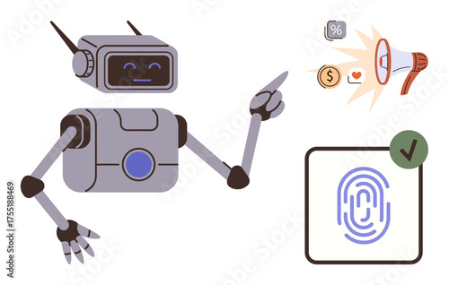 Robot gestures at a fingerprint scan, percentage, currency, and communication icons. Ideal for technology, data security, AI, digital marketing trends, automation innovation simple flat metaphor