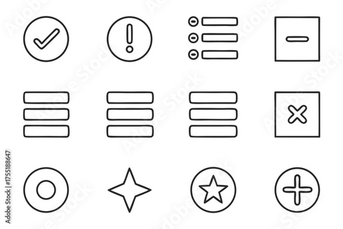 Collection of Interface and Symbol Icons in a Grid check mark exclamation mark