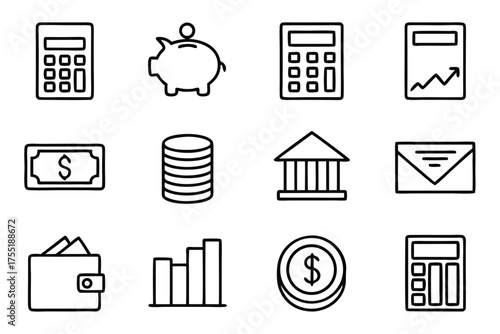 Collection of line art icons related to finance, money, and business calculator piggy bank