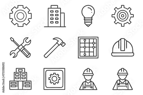 Collection of line art icons related to industry, construction, and tools gear building