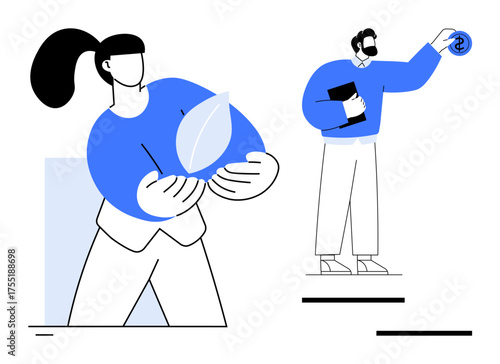 Characters interact with eco-conscious and sustainable growth ideas. Woman holds leaf symbolizing environment, man with currency highlights economy. Ideal for sustainability, eco-awareness, economy