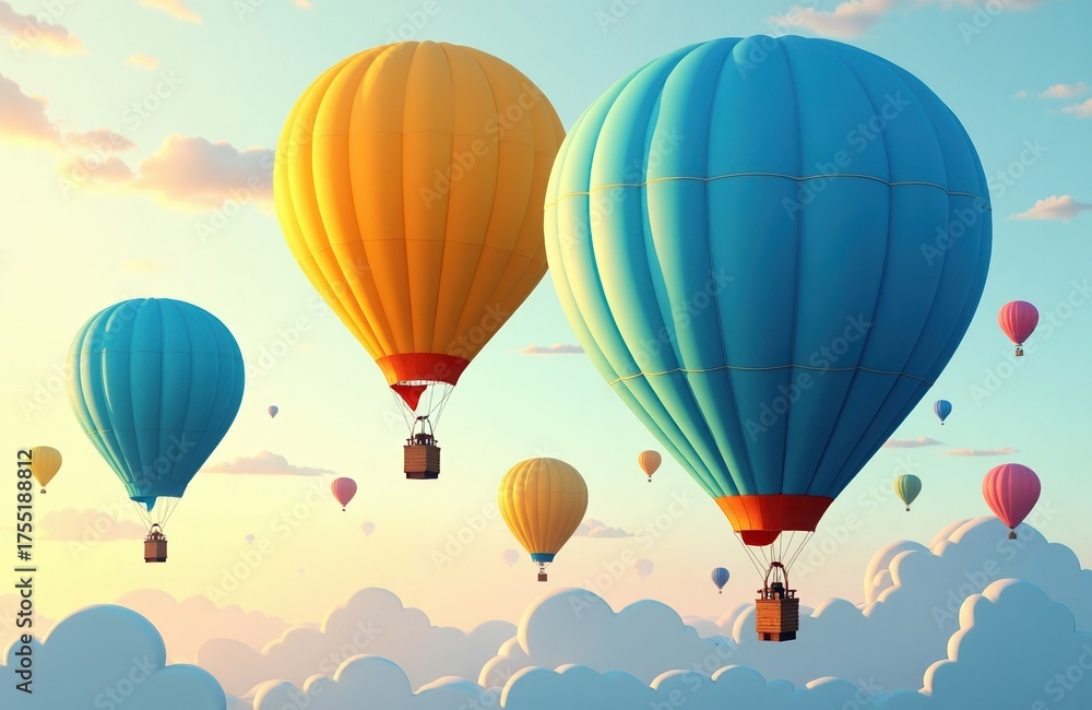 Fototapeta premium Colorful hot air balloons floating in a bright sky with clouds and sunlight