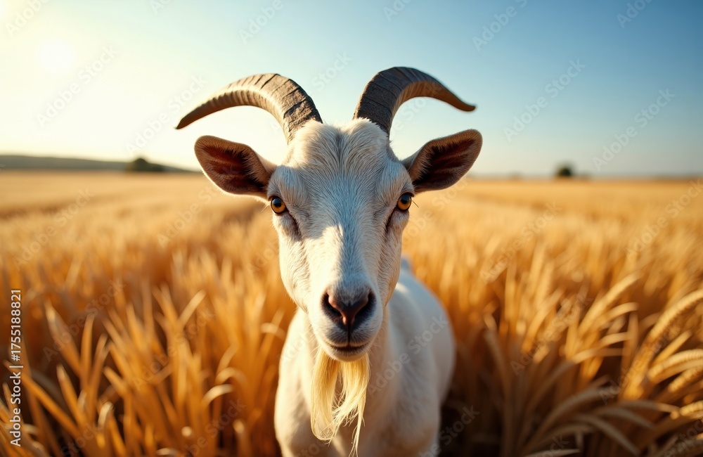 Fototapeta premium A goat standing in a golden wheat field under a clear blue sky