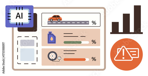 Automotive status interface with AI chip, charts, progress bars for car tasks, and alert symbol. Ideal for AI, vehicle diagnostics, maintenance, engineering, technology efficiency and risk