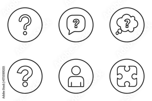 Collection of six outline icons representing questions and people question mark speech bubble