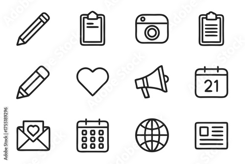 Collection of twelve hand-drawn icons for social media and communication pencil writing