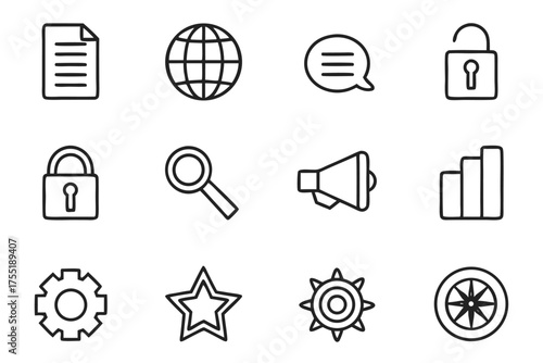 Collection of twelve hand-drawn outline icons for web and business document file