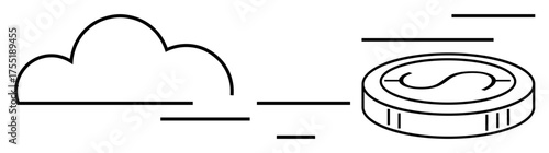 Cloud and moving coin symbolize digital transactions, cloud storage, online banking, fintech, cryptocurrency, digital economy, innovation. Ideal for tech finance efficiency. A simple flat metaphor