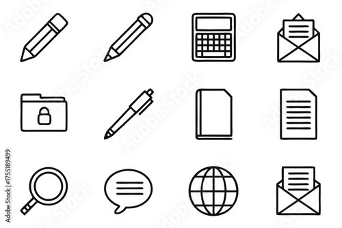 Collection of twelve outline icons for office work and digital communication pencil calculator