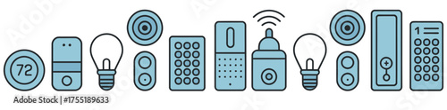 Smart home device collection vector featuring thermostat, speaker, light bulb, security camera, and smart door lock, ideal for IoT, home automation, technology illustration, and digital design project