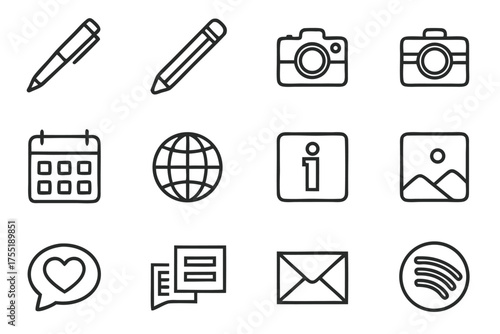 Communication and Media Icon Set with Pen, Camera, Calendar, and Envelope vector illustration