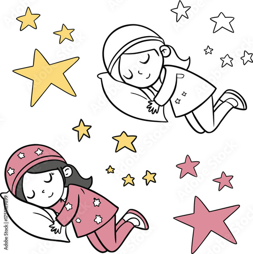 Child in ladybug costume floating among sparkling stars and cosmic elements isolated on transparent background