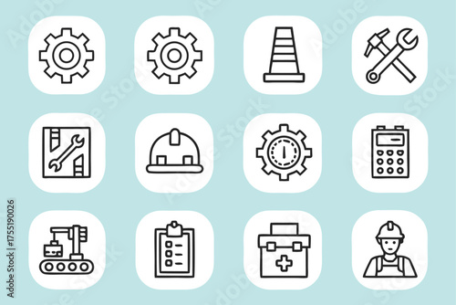 Construction and Industry Icons Set with Tools and Safety Gear vector illustration