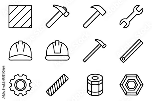 Construction and Repair Tool Icons on White Background hammer wrench