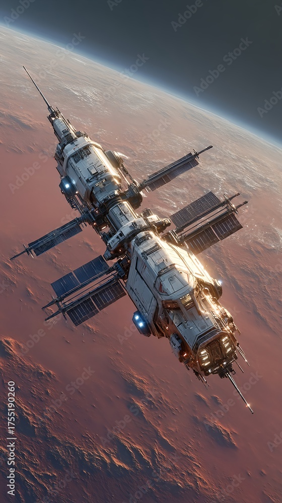 Naklejka premium Futuristic space station orbiting Mars with glowing blue thrusters