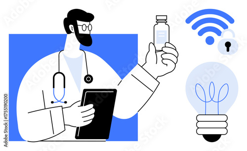 Doctor holding vial and tablet, surrounded by wireless lock, lightbulb with growth icon. Ideal for technology, healthcare, innovation, telemedicine, research vaccines security. Simple flat metaphor