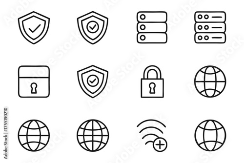 Cybersecurity and network icons with shields and globes Keywords: shield, check mark, server, lock