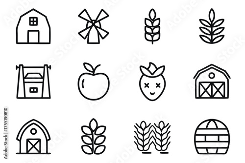 Farm Icons Set Barns Windmill Wheat Apple Strawberry Gate vector illustration
