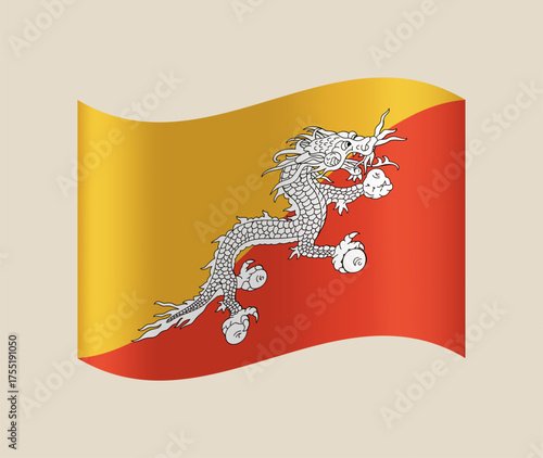 Bhutan wavy flag vector illustration. Modern vibrant flag emblem design in authentic national colors. Isolated vector design