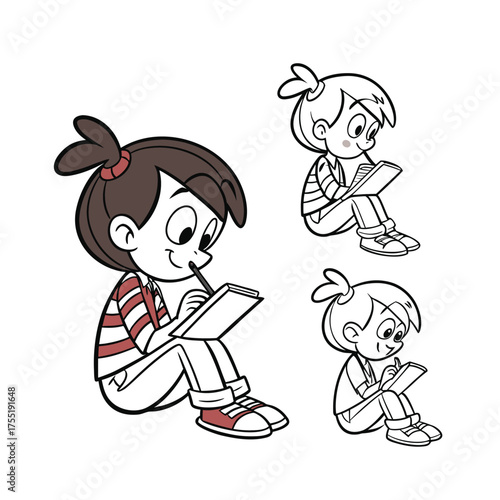 Cartoon boy drawing and studying with sketchpad lively and energetic poses isolated on transparent background