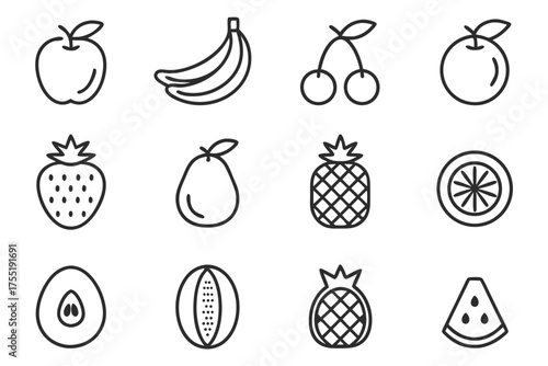 Fruit Icons Apple Banana Cherries Orange Strawberry Pear Pineapple Orange Slice vector illustration