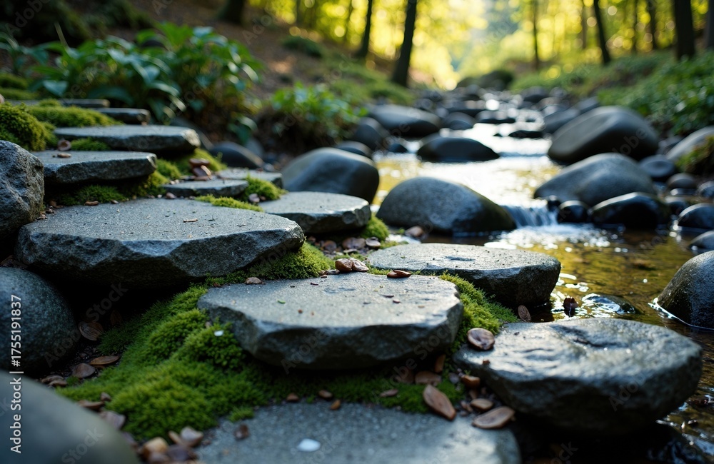 Naklejka premium A peaceful stream flows over moss-covered rocks in a lush forest setting