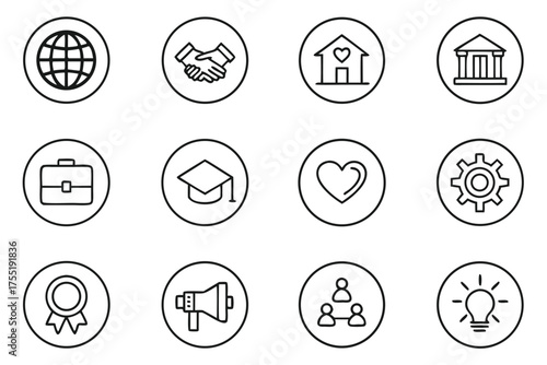 Group of 12 Circular Outline Icons for Business and Global Concepts globe handshake