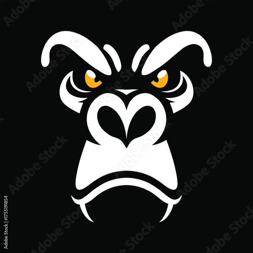 Vector illustration of a stylized gorilla face with sharp teeth and piercing yellow eyes, set against a black background.