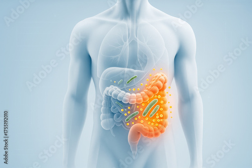 Detailed 3D medical visualization showing Clostridium difficile infection in the human digestive tract with realistic anatomy and bacteria depiction.
