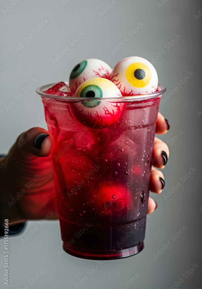 Obraz premium Hand holding drink with red liquid and eyeball decorations on grey. A spooky beverage for Halloween time. Celebration, weird, creative.