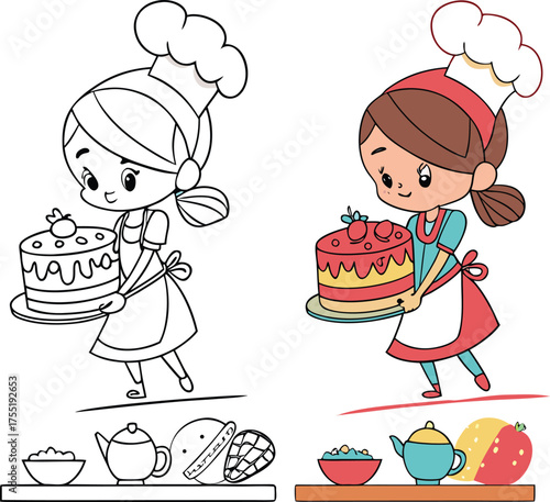 Cute chef character holding delicious cake with baking supplies ready for sweet treats isolated on transparent background