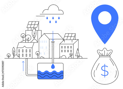 Rainwater collection system in urban area with tanks, solar-powered houses, blue map pin, and money bag. Ideal for water management, sustainability, green energy, savings, eco-technology urban