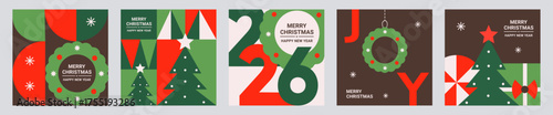 Modern minimalist Merry Christmas and Happy New Year card or poster set featuring elegant typography, gifts, stars, snowflakes, and a Christmas tree. Ideal for web, social media, and print designs.