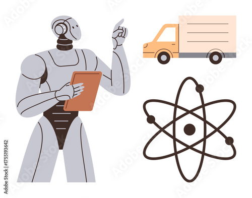 Robot holding clipboard, pointing upward near a delivery truck and atom symbol, representing AI, science, and logistics. Ideal for innovation, technology, automation, research supply chain