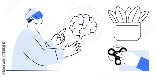 Person wearing VR headset pointing to a digital brain, next to a plant and a hand with a fidget spinner. Ideal for creativity, technology, mindfulness, innovation, focus, education wellness. Simple
