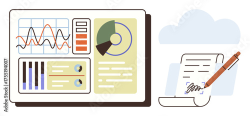 Analytics dashboard with graphs, charts, and metrics alongside a digital document being signed. Ideal for data management, business analysis, digital workflows, decision-making, cloud computing