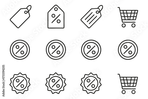 Shopping and discount icons with price tags, shopping carts, and percentage signs trolley sale
