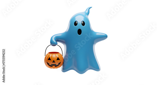 Blue ghost holding a pumpkin bucket with jack-o'-lantern face, Halloween decoration, perfect for spooky parties