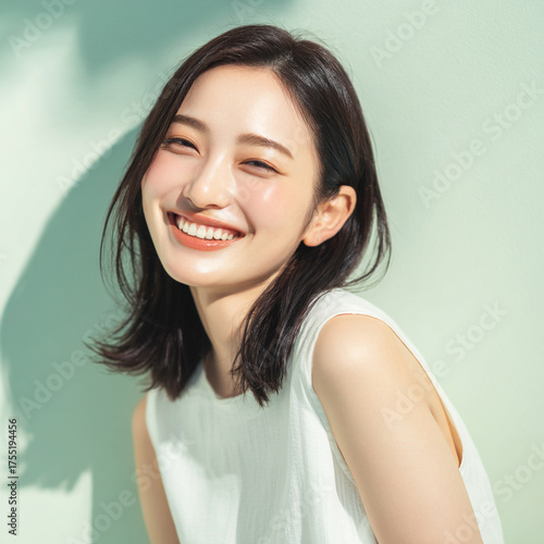 笑顔できらめく綺麗な肌と白い歯を見せる日本人女性美人モデルの接写写真。オーラルケア、スキンケア、コスメ広告用。