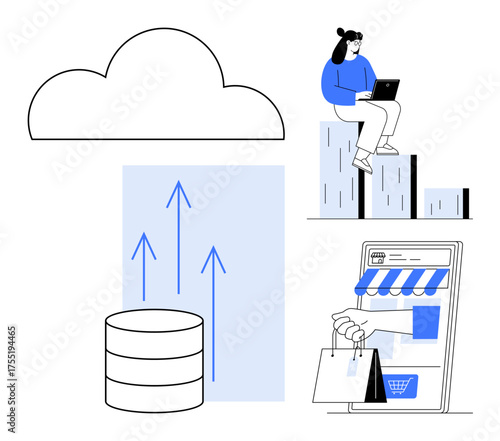 Cloud with database, upward arrows, woman using laptop on bar graph, online shopping concept. Ideal for cloud computing, e-commerce, business growth, data analysis, market trends innovation simple