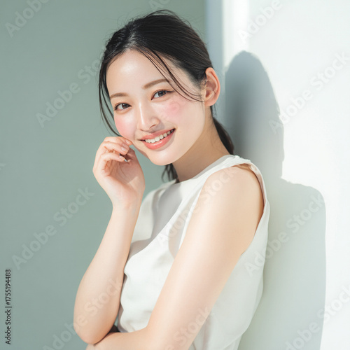 笑顔できらめく綺麗な肌と白い歯を見せる日本人女性美人モデルの接写写真。オーラルケア、スキンケア、コスメ広告用。